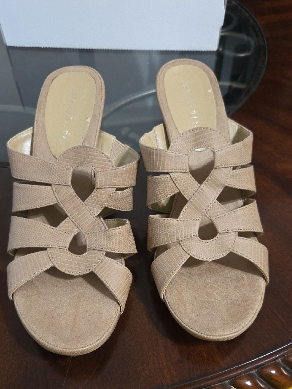 AEROSOLES Tan Strappy Mid-Heel Slide Mules - Picture 5 of 7
